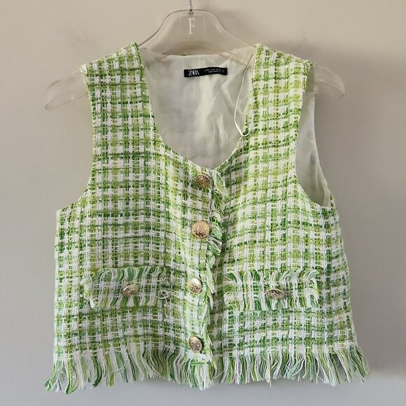 ZARA | Sleeveless Tweed Top Jacket Green Sz S - Picture 2 of 6